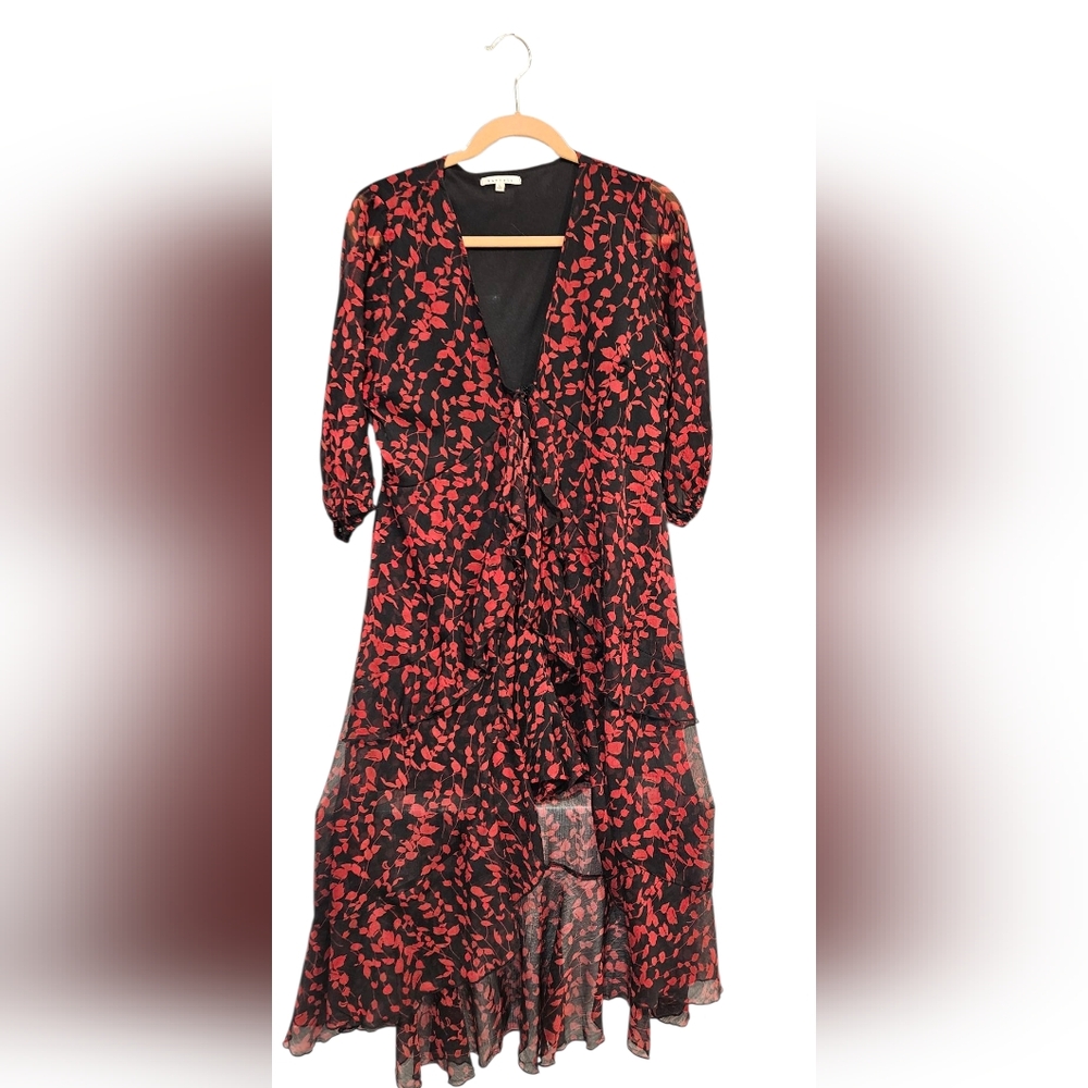 Black and Red Midi Sundress with Ruffled Wrap Design